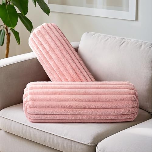 AELS Faux Fur Striped Cylinder Pillows Set of 2, 8" x 24" Decorative Modern Bolster Pillows with Removable Washable Cover & Insert, Body Pillow for Couch Bed, Living Room Bedroom Nursery Decor, Pink by AELS