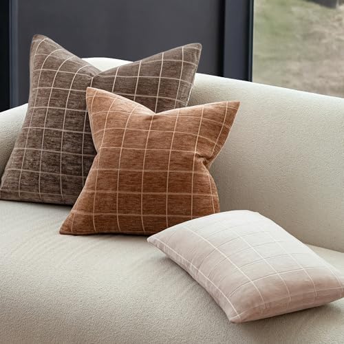 Decorative Chenille Plaid Fall Throw Pillow Covers Camel 24x24 Set of 2 - Image 4