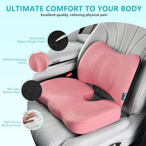 FLORICH Car Seat Cushion and Back Support for Office Chair Memory Foam Chair Cushions Pressure Relief Seat Pads with Gel Massage Point Lumbar Support Relief Sciatica & Tailbone (Pink) - Image 2