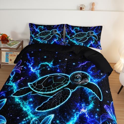 HOSIMA Neon Galaxy Sea Turtle Comforter Queen for Boys with 2 Pillowcases. - Image 4