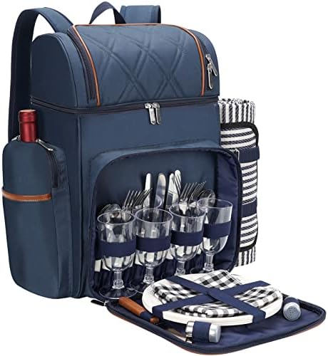 Picnic Backpack for 4, Insulated Cooler Bag with Blanket, Navy Blue by TwentyNext