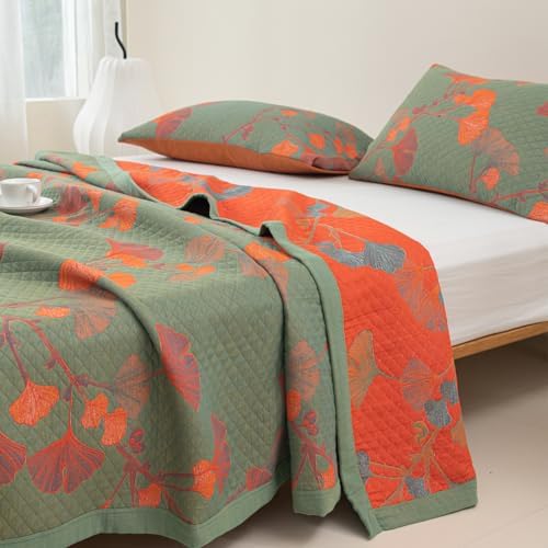 100% Cotton Muslin Blanket Jacquard Green Orange Floral Ginkgo Leaves Quilt, Soft Bed Cover Lightweight Breathable Gauzy Reversible Bedspread Coverlet Full/Queen(78"x94"), No Pillow Sham - Image 3