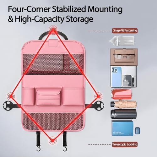 2 Pack Leather Car Backseat Organizer with Foldable Table Tray, Universal Car Seat Back Protector Kick Mat with Touchscreen Tablet Holder, Storage Pockets, Cup Holders & Tissue Holder, Pink - Image 7