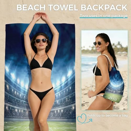 Beach Towel Bag 2 in 1 Football Sport Bath Pool Towels Backpack Rugby Soccer Stadium Absorbent Beach Towel Soft Quick Dry Lightweight Packable Towels Drawstring Bag for Travel Camping Sports Picnic - Image 2