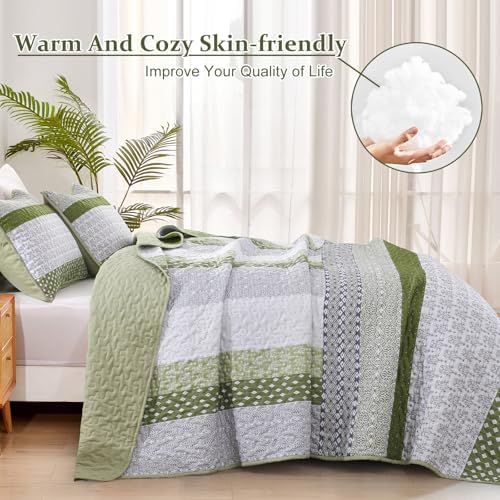 WONGS BEDDING Quilt Queen Size Olive Green, Bohemian Stripe Bedspread - Image 3