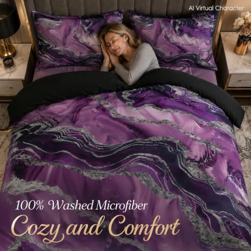 CCoutueChen Black Purple Marble Comforter Set Full Size, Modern Style - Image 4