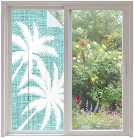 Window Privacy Film Frosted, Turquoise Blue Tropical Tree Non-Adhesive Static Cling Window Tint, Summer Coastal Palm Trees Insulated Windows Frosted Films for Living Room, 35.4 x 78.7 Inches by Unknown