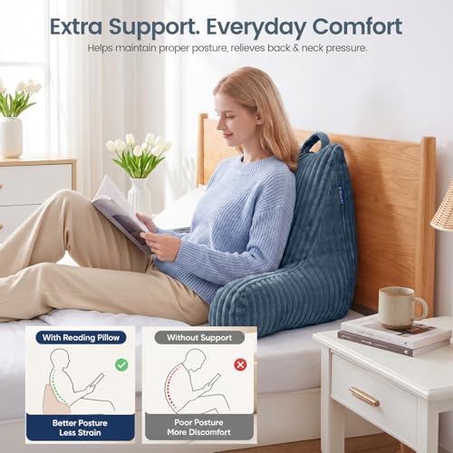 Reading Pillow for Sitting up in Bed, Adjustable Memory Foam Bed Rest Pillow, Wide-wale Plush Cover Machine Washable, Neck Back and Lumbar Support Pillow-Blue - Image 3