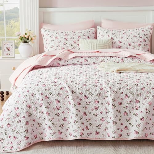 Queen/Full Size Floral Quilt Set Pink Shabby Chic Flower Bedspreads Set by CotComf