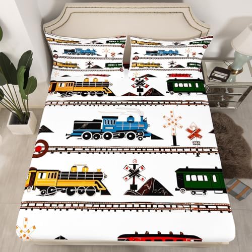 Erosebridal Kids Bedding Set Retro Vintage Train Fitted Sheet, Cute Vehicle Printed Colorful Train Bed Sheets for Boys Girls Adults Teens Bedroom Decor All Season Twin 2 Pieces, No Top Sheet by Erosebridal