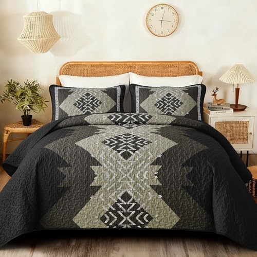 Dintszyayue Aztec Quilt Set Queen, Black Brown Boho Lightweight Bedspread by Dintszyayue