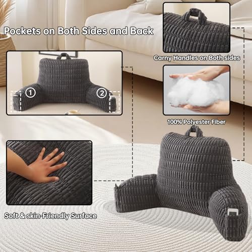 Large Reading Pillow for Sitting Up with Arms,Gray Corduroy - Image 5
