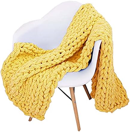 Chunky Knit Throw Blanket Chenille Yarn Soft Cozy Bulky Knitted Blanket for Sofa Bed Chair Large Hand Made Boho Home Decor Yellow 48x60 by Unknown