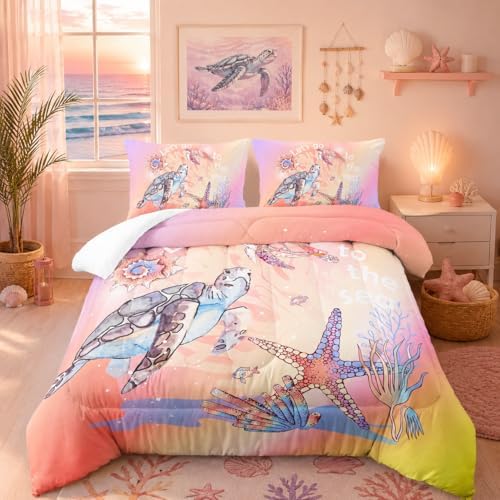 Nttopship Sea Turtles Comforter Sets Queen Size ， Bedding Sets for Kids,Cartoon Starfish and Aquatic Plants Comforter Sets All Season 1 Comforter and 2 Pillowcases by Nttopship