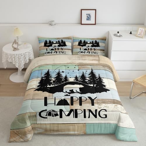 Erosebridal Kids Woodland Bear Bedding Set Happy Camping Camper Twin Comforter Set for Travel Trailers Rv Bunks Camper Quilt Set Rustic Farmhouse Barn Door Duvet Insert 1 Pillow Case Green Blue - Image 2