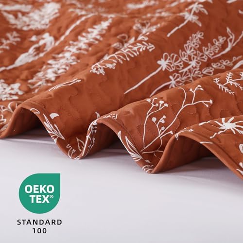 JANZAA Quilt King Size, Terracotta Quilt Bedspread Floral Bedding Set 3 Pcs - Image 2