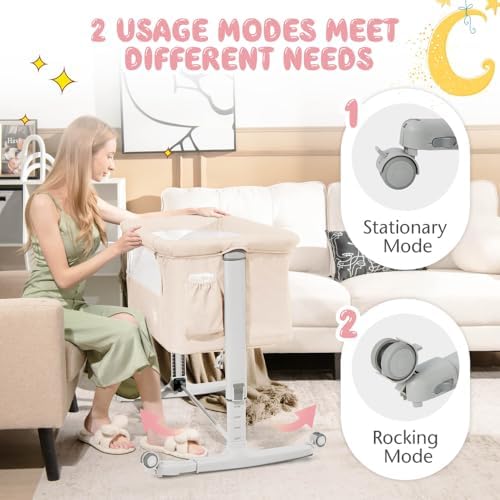 BABY JOY Bassinet Bedside Sleeper, 3 in 1 Folding Crib w/Adjustable Height, Mattress, Lockable Wheels, Storage Pocket & Carry Bag for Infant Newborn, Stationary & Rock, Portable Baby Bassinet (Beige) - Image 4