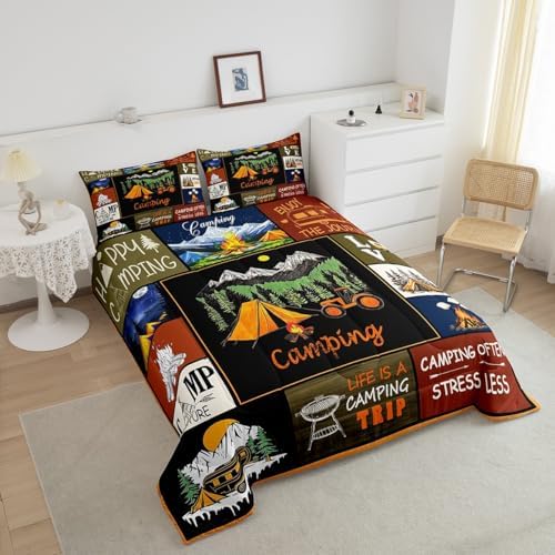 Erosebridal Happy Camping Queen Bedding Set,RV Camper Comforter Set for Trailer Bunk,Rustic Style Patchwork Comforter for Kids Adults,Mountain Themed Bedroom Room Decor,2 Pillowcases Lightweight - Image 4