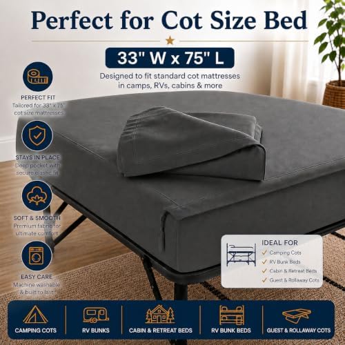Zipper Cot Fitted Sheet, 33 x 75 Camping Cot Mattress Sheets, 400 Thread Count 100% Cotton, Includes 1 Wraparound Base, 2 Removable Zipper Top Sheets & 2 Pillowcases, 8 Inch Deep Pocket, Dark Grey - Image 2