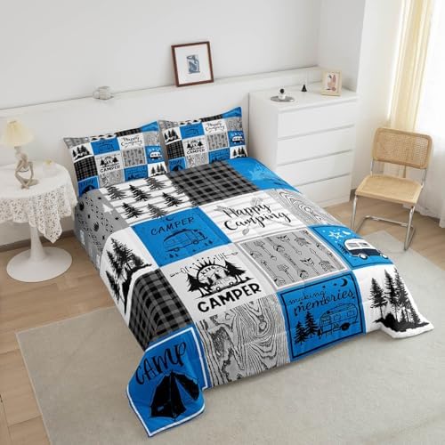 Erosebridal Blue Rv Bedding Set King Rustic Camper Decor Comforter Set Camping Bunk Accessories for Camper Car Rv Comforter for Travel Trailers Country Buffalo Plaid Pine Tree Arrow Bed Set - Image 5