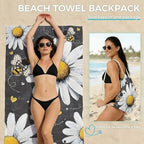 Beach Towel Bag 2 in 1 Daisy Flower Bath Pool Towels Backpack Bee Love Heart Absorbent Beach Towel Soft Quick Dry Lightweight Packable Towels Drawstring Bag for Travel Camping Sports Yoga Gym Picnic - Image 2