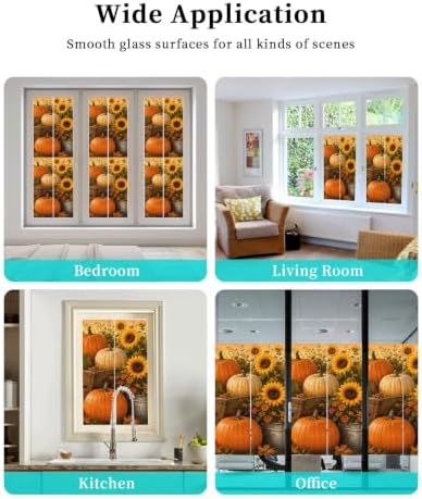 Window Privacy Film Frosted, Fall Pumpkins Static Cling Door Window Covering, Thanksgiving Autumn Sunflowers Orange UV Blocking Windows Film for Office, Hotel, Bedroom, 29.5 x 78.7 Inches - Image 7