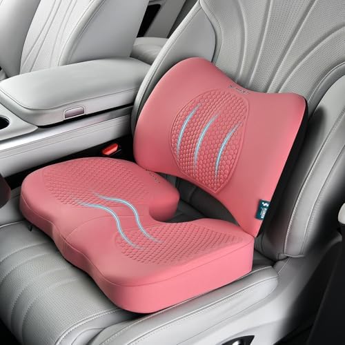 FLORICH Car Seat Cushion and Back Support for Office Chair Memory Foam Chair Cushions Pressure Relief Seat Pads with Gel Massage Point Lumbar Support Relief Sciatica & Tailbone (Pink) by FLORICH