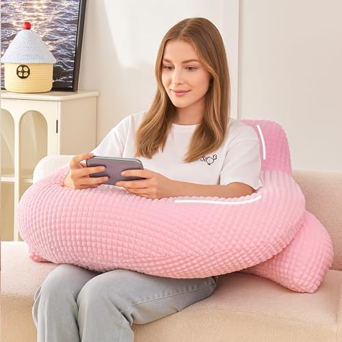 19" Reading Pillow for Bed,U Shaped Arm & Elbow Support,Pink Flannel by PAJEO