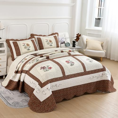 vctops 3 Piece Embroidered Floral Quilted Bedspread Quilt Set 100% Cotton Reversible Patchwork Coverlet Set 1 Quilt and 2 Pillow Shams (Coffee,Queen) - Image 3
