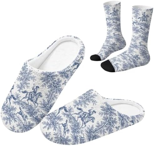 Toile de Jouy Fuzzy Slipper with Socks for Women Cozy Slipper Indoor by Baxinh