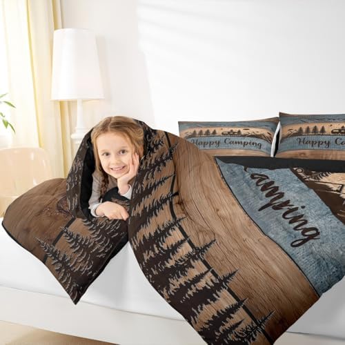 Happy Camping Comforter Set Full Camper Quilt Bedding For Kids Adults,Rv Accessories Comforter For Travel Trailers Rustic Farmhouse Wooden Board Duvet Set Mountain Pine Trees Decor,2 Pillow Cases - Image 6