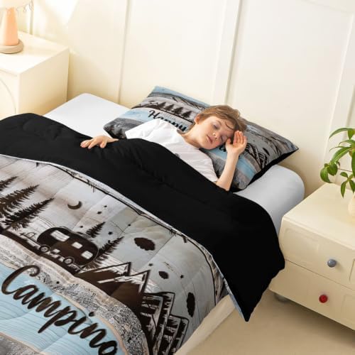 Erosebridal Rustic Camping King Comforter Set Rv Camper Bedding Set Country Farmhouse Wooden Board Comforter for Kids Boys Girls Mountain Pine Trees Quilt Duvet Blue Grey - Image 5