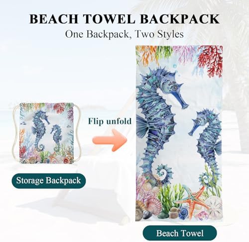 Beach Towel Bag 2 in 1 Ocean Seahorse Bath Pool Towels Backpack Marine Life Coral Absorbent Beach Towel Soft Quick Dry Lightweight Packable Towels Drawstring Bag for Travel Camping Sports Yoga Picnic - Image 6