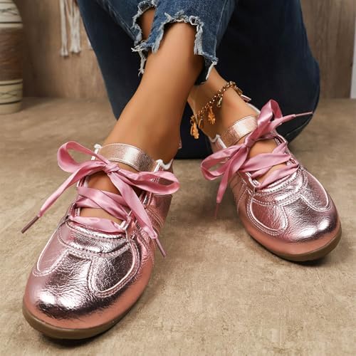 Women's Lace-up Fashion Ballerina Sneakers Dressy Ballet Flats Comfortable Tennis Walking Casual Shoes Fashion Lightweight Workout Athletic Low Top Glossy Round Toe Sports Dance Shoes - Image 3