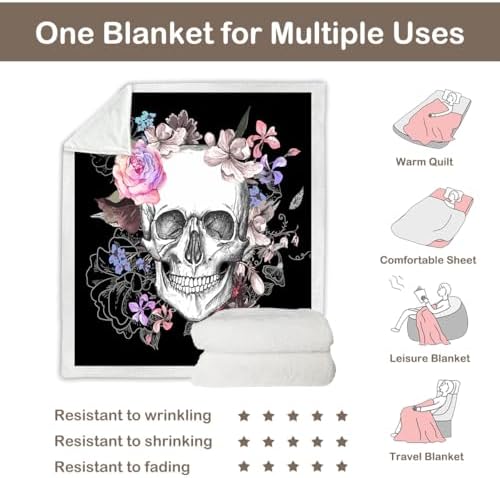 Sleepwish Black Throw Blanket Sherpa Fleece Halloween Blanket Skull Rose - Image 5