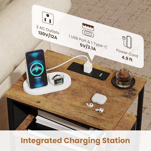 KOMFOTT Nightstand with Charging Station, 24.5" Modern Bedside Table with Fabric Drawer, Open Shelf & Side Pocket, End Table with 2 AC Outlets, USB and Type-C Port for Bedroom (Rustic Brown,1) - Image 5