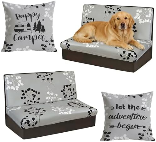 BBSET 6pcs Rv Dinette Cushion Covers Stretch Washable Rv Cushion Slipcove Replacement for Camper Car Bench, 2 Pillowcase, 2 Backrest and 2 Bench Covers (Grey Leaves) by BBSET