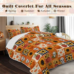 BlessLiving Fall King Size Quilt Set: Soft Microfiber Lightweight Skeleton Pumpkin Grid Pattern Quilt Set 3 Piece Autumn Bedspread Coverlet for Halloween Bedroom Living Room Decor - Image 2