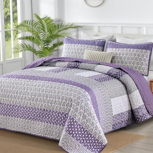 WONGS BEDDING Purple King Quilt Bedding Set, Bohemian Stripe Bedspread by WONGSBEDDING