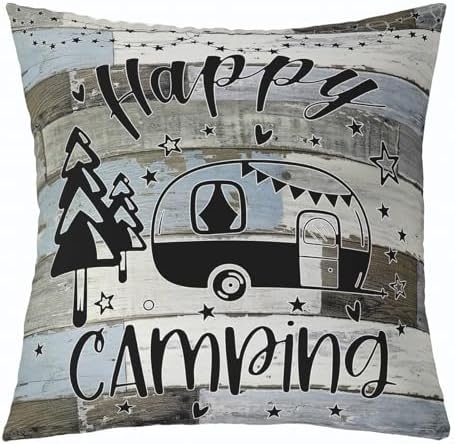 Feelyou Happy Camping Cushion Case Camper Throw Pillow Covers 16"x16" Set of 4 Gifts for RV Owners Rustic Farmhouse Style Decorative Pillow Case Pillowcase Vintage Wooden Outdoor Pillows Covers by Feelyou