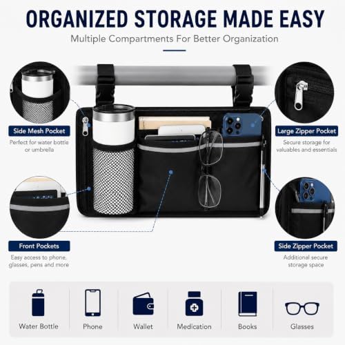 Side Storage Organizer Bag for Quantum_Rehab Edge_3_Stretto 2021-2026, Multi Pocket Armrest Pouch with Zipper Compartment, Universal Carry Organizer for Personal Items - Image 4