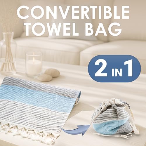 ATANI Turkish Beach Towel, Converts to a Bag, Oversized 100% Cotton Bath Towels Lightweight Quick-Dry Beach Blanket for Travel, Picnic, Camping, Yoga and Pool (Grey x Turquise, 71 inc x 39 inc) - Image 3