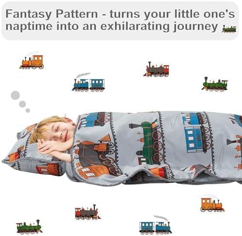 Viviland Toddler Nap Mat with Pillow and Minky Blanket,Rolled Large Sleeping Mat for Boys,Kids Slumber Bag Nap Mat for Preschool, Daycare, Kindergarten, Travel Camping - Train Magic - Image 3