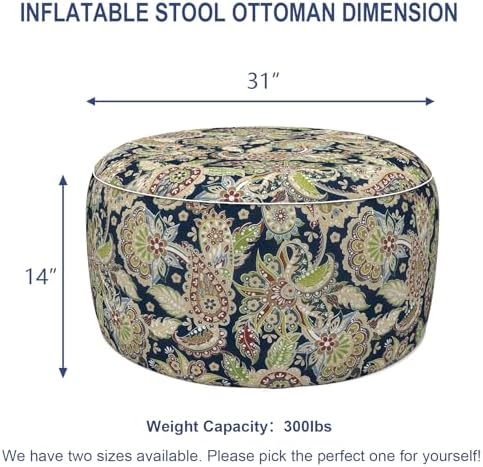 Outdoor Inflatable Stool Ottoman, All Weather Portable Footrest Stool, Furniture Stool Ottomans for Home Garden Beach, D31”xH14”, Paisley Sapphire Blue - Image 2