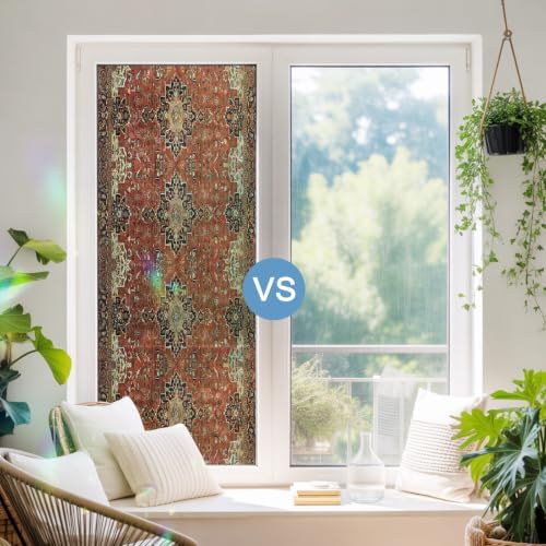 Brown Red Window Privacy Film Rainbow Static Cling Stain Glass Window Film for Glass Door, Decorative Heat Blocking Sunroof Decal Sticker for Car 29.5"x78.7" Vintage Boho Ethnic Geometric Abstract Art - Image 5