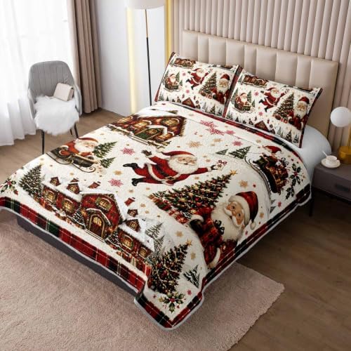 HOSIMA Vintage Christmas Santa Cabin Plaid Quilt Queen with 2 Pillowcases. - Image 2