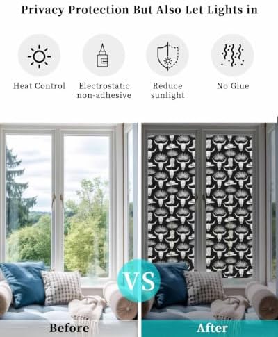 Window Privacy Film Frosted, Horror Skulls Reusable Static Cling Window Tints, Southwestern Horns Boho Tribal Hats Boots Heat Control Windows Films for Offices, Balcony, 29.5 x 118 Inches - Image 6