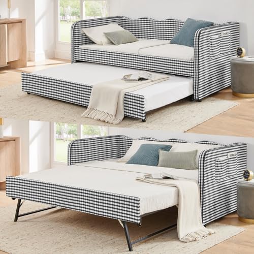 3 in 1 Twin to King Daybed, Gingham Upholstered Daybed with Pop Up Trundle, Convertible Sofa Bed with Side Storage Pockets, Extendable Guest Bed Frame for Teens Adults Bedroom Living Room, Black by KrenzhHome