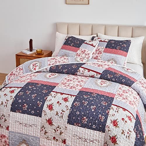 Patchwork Quilt Set Twin Size, 2 Pieces Pink Purple Floral Plaid Design Summer Bedspread Coverlet Set, Soft Microfiber Reversible Lightweight Bed Cover for Kids (68" x 86", 1 Quilt+ 1 Pillow Sham) - Image 4