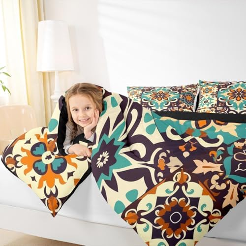 Erosebridal Mexican Talavera Tile King Bedding Set,Colorful Tile Mexico Comforter Set for Kids Adults,Boho Style Flower Duvet Insert,Vintage Patchwork Tiles Bedroom Decor with 2 Pillowcases - Image 3